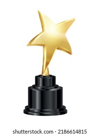 Realistic trophy with golden star on black pedestal vector illustration