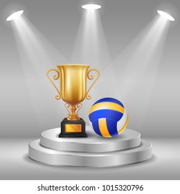 Realistic trophy and volleyball with Winner background. First place of competition. Podium with spotlights