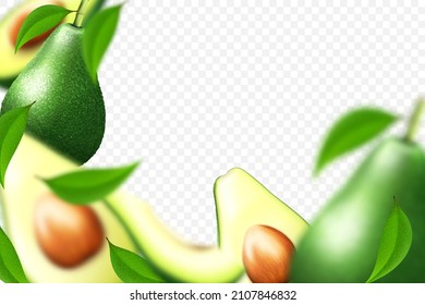 Realistic tropical background with exotic avocado fruit. Healthy food illustration. Slices of avocado isolated on the white. Organic, vegan, raw food. 3d vector illustration