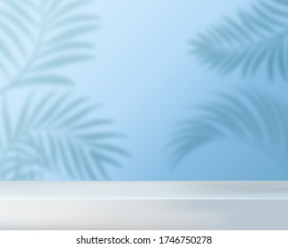 Realistic tropical background for sale or promo vector illustration. Blurry palm leaves on blue flat style. Hawaii and exotic botanical design. Copy space. Floral backdrop concept