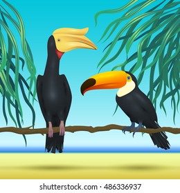 realistic tropical birds on sunny background with sea, palm leaves and beach / Toko Toucan and Rhinoceros hornbill / vector illustration, exotic, African