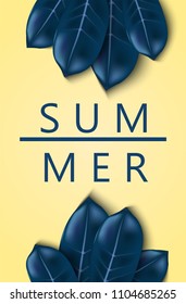 Realistic tropical blue leaves and inscription SUMMER . Trendy banner with season illustration. Stock illustration.