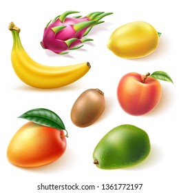 Realistic tropical fruit set. Delicious mango, ripe peach, green avocado, banana, lemon, kiwi and dragonfruit pitahaya. Vector summer holiday exotic fruits