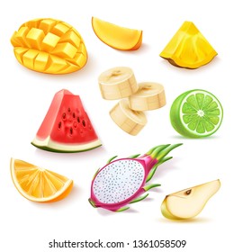 Realistic tropical fruit slices set. Delicious mango cubes, ripe watermelon, pineapple wedge, banana rings, lime half, pear, orange and dragonfruit pitahaya slices. Vector summer holiday exotic fruits