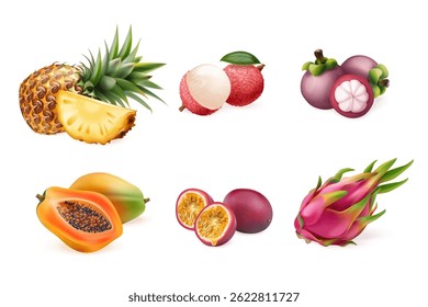 Realistic tropical fruits. 3d exotic fruit nature dessert, pineapple passionfruit lychee papaya dragon mangosteen sweet healthy food summer vacation meal, exact vector illustration original artwork