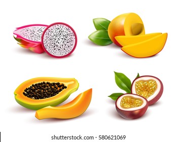 Realistic tropical fruits isolated images set with dragon fruit passionfruit papaya and mango cut in slices vector illustration