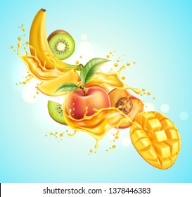 Realistic tropical fruits in juice splash explosion. Vector fresh drink package design. Ripe kiwi, peach with green leaves, mango and banana in juicy motion. Multifruit drink advertising design.