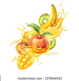 Realistic tropical fruits in juice splash explosion. Vector fresh drink package design. Ripe kiwi, peach with green leaves, mango and banana in juicy motion. Multifruit drink advertising design.