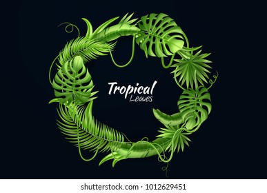 Realistic tropical leaves frame template Vector 3d jungle forest exotic monstera banana palm leaf floral plant paradise illustration isolated black background. Beach pool party, vacation, travelling