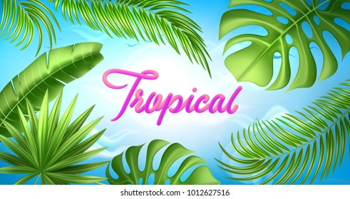 Realistic tropical leaves poster template Vector 3d jungle forest exotic monstera banana palm leaf floral plant paradise illustration isolated sky background. Beach pool party, vacation, travelling