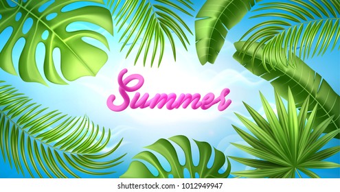 Realistic tropical leaves poster template Vector 3d jungle forest exotic monstera banana palm leaf floral plant paradise illustration isolated sky background. Beach pool party, vacation, travelling