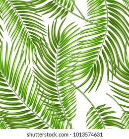 Realistic tropical leaves seamless pattern. Vector 3d jungle forest exotic banana palm leaf, floral plant nature paradise illustration isolated, white background. Beach pool party, vacation travelling