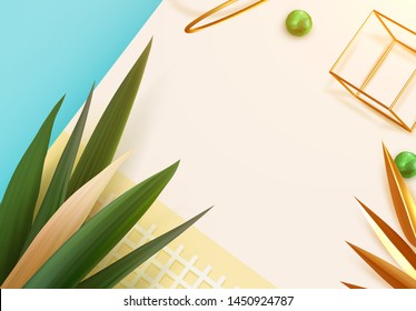 Realistic tropical leaves template. Palm leafs background. Minimal concept 3d tropical nature. Creative leaves palm. Vector illustration