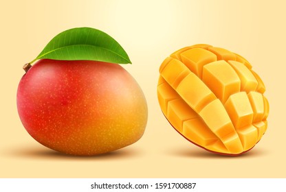 Realistic tropical mango fruit in 3d illustration