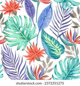 Realistic tropical pattern with monstera leaves and red flowers. Vector illustration