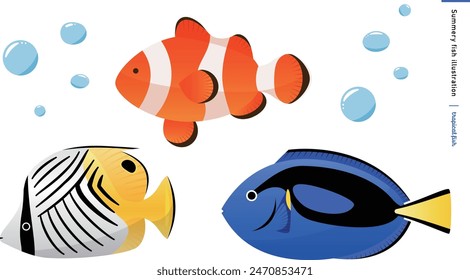 Realistic tropical and saltwater fish illustration set with clownfish, clownfish, snappers and butterfly fish.