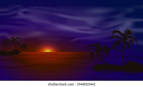 Realistic tropical sunset at seashore with palms. Welcome to paradise. Summer background. Stock vector illustration dark background.