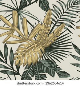 Realistic tropical vector composition from golden and green palm banana monstera leaves seamless pattern on the white background