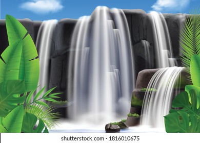 Realistic tropical waterfall background composition with outdoor landscape exotic leaves with rocks and water flowing down vector illustration