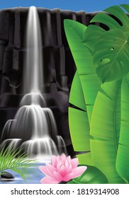 Realistic tropical waterfall background with outdoor scenery and water flows on mountain rock with exotic leaves vector illustration