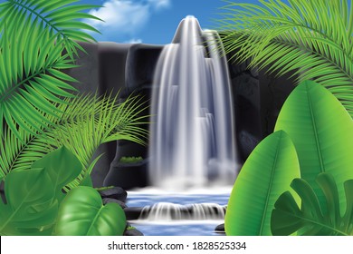 Realistic tropical waterfall background with outdoor landscape and mountain rocks with water flows and exotic leaves vector illustration