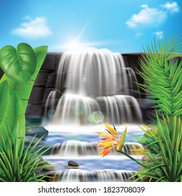 Realistic tropical waterfall background with summer afternoon landscape and exotic plants with water flow through dalles vector illustration