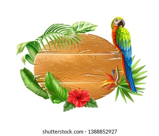 Realistic tropical wooden board sign with exotic leaves, hibiscus and strelizia reginae bird of paradise flowers and colorful macaw parrot. Vector summer holiday signage, travelling poster design