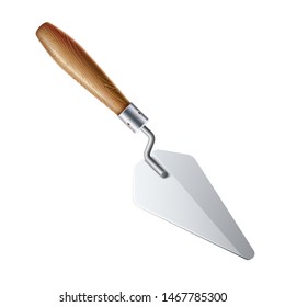 Realistic trowel for industrial design. Vector bricklayer, mason tool with wooden handle for cement. Handycraft work design element. Construction equipment for plastering.