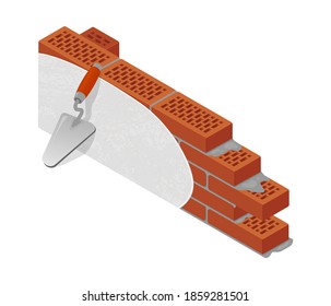 Realistic Trowel And New Red Brick Wall With Cement Mortar. Brickwork Isometric Vector Icon For Industrial Design. Isolated On White Background. 3D. Vector Illustration.