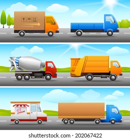 Realistic truck lorry transport van auto set on road outdoor background vector illustration.