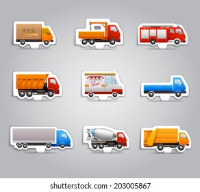 Realistic truck lorry transport van auto paper stickers set isolated vector illustration