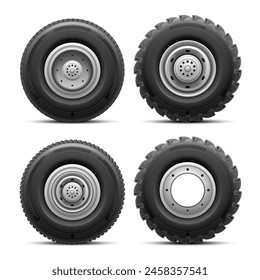 Realistic truck tires. Big tire lorry 4x4 car or bus wheels, tractor offroad heavy wheel of cargo industrial machinery, tyre large transport traction, nowaday vector illustration of truck wheel auto