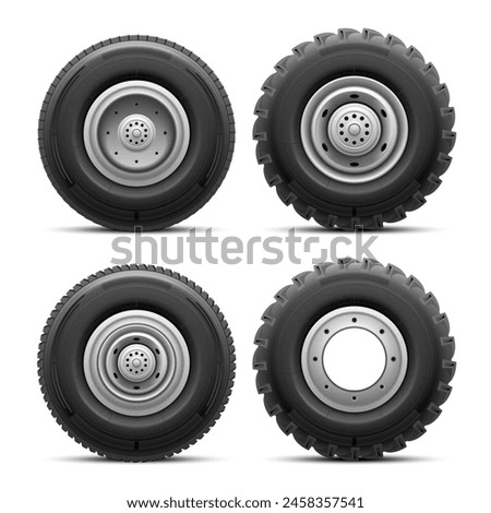 Realistic truck tires. Big tire lorry 4x4 car or bus wheels, tractor offroad heavy wheel of cargo industrial machinery, tyre large transport traction, nowaday vector illustration of truck wheel auto