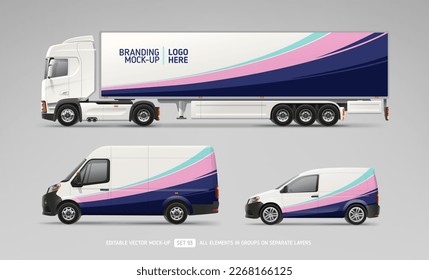 Realistic Truck Trailer, Cargo Van vector mockup set with decal for branding and corporate identity. Abstract graphics stripes concept  for business background. Wrap design. Branding vehicle mockup