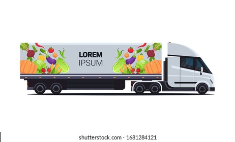 realistic truck trailer with organic vegetables natural vegan farm food delivery service vehicle with fresh veggies horizontal flat vector illustration