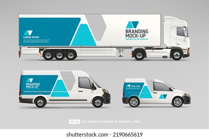 Realistic Truck Trailer, Van, Company Car with abstract brand identity design - mock-up set. Abstract geometric graphics design for company branding on delivery Transport. Editable Vector Mockup