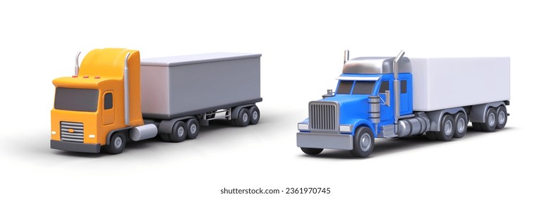 Realistic trucks with different types of cabs. Cab over and bonnet cabin with sleeper. Long and flat nose car. Color vector illustration. Image for transportation business. Ordering service