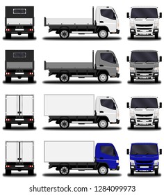 realistic trucks set. front view; side view; back view.