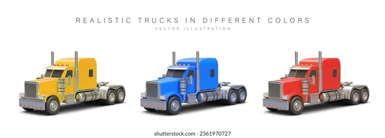 Realistic trucks without trailers. Tractor unit truck. Lorry with cabs of different colors. Detailed vector image. Cab with sleeper. Set of icons for carrier site, application