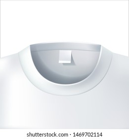 Realistic t-shirt collar closeup white mockup. Vector empty short-sleeve shirt for brand design. Cotton t-shirt, unisex apparel. Blank fabric shirt for laundry detergent ad design.