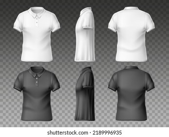 Realistic t-shirt front back and side. Different view angles empty print white and black polo mockup, sport and casual textile clothing template, collar and short sleeves, utter vector set