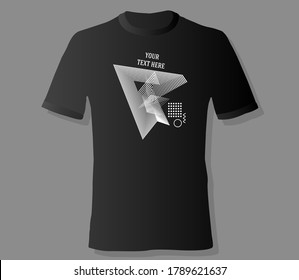 Realistic t-shirt mock up with print abstract geometric monohrome  pattern on black background. Can be used for editing  and printing on style tee-shirt. Vector illustration EPS 10