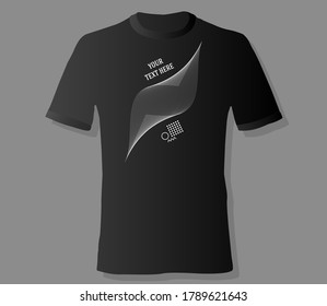 Realistic t-shirt mock up with print abstract geometric monohrome  pattern on black background. Can be used for editing  and printing on style tee-shirt. Vector illustration EPS 10