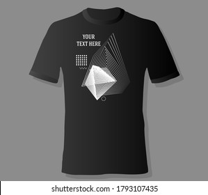 Realistic t-shirt mock up with print abstract geometric monohrome pattern on black background. Can be used for editing and printing on style tee-shirt. Vector illustration EPS 10