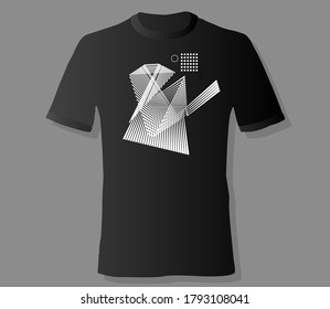 Realistic t-shirt mock up with print abstract geometric monohrome pattern on black background. Can be used for editing and printing on style tee-shirt. Vector illustration EPS 10