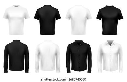 Realistic t-shirt and shirt mockup. Formal male uniform, black wearing and white shirts. Realistic 3D clothes vector template set. Illustration shirt with sleeve, front tshirt realistic