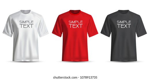 Realistic T-Shirt short sleeve front view white red black set collection and simple text on white background vector illustration.