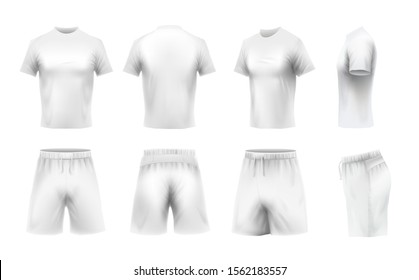 Realistic t-shirt and shorts mockup. White t-shirts template, sport uniform clothes. Boy football uniform clothing, shorts outfit, sportswear 3d isolated vector icons set