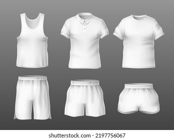 Realistic t-shirts and short. Empty white summer sport outfits front view, football casual clothes, blank empty textile, clean soccer uniforms mockup, mens underwear, utter vector isolated set