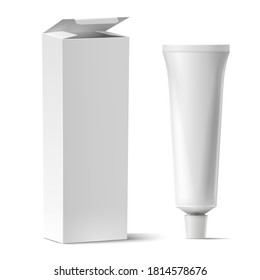 Realistic tube with box mockup. White plastic tuba for toothpaste or cream, gel and rectangular cardboard packaging vector template. Illustration box tube white, blank product medical